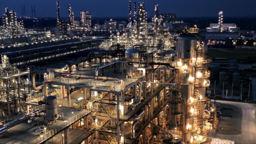 petroleum oil refinery in industrial estate at night, drone aerial view. Fuel and power generation, petrochemical factory industry, or environmental air pollution concept