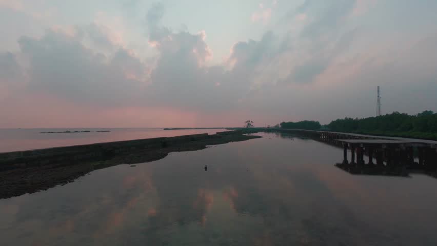 Wide shot of a calm beach during sunset with gentle waves, soft clouds, and a tranquil atmosphere. Birds flying across the sky add a peaceful and cinematic touch, perfect for travel, meditation, and n