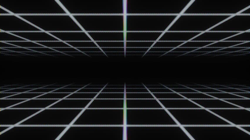 CRT grid animation zooming into infinite space with heavy analog glitch and screen artifacts.