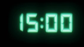 A glowing digital countdown clock starting from 15 seconds and ticking down to 0 in real-time. The display features a retro green LED style with scanline effect, creating a nostalgic tech vibe. - Powered by Shutterstock - Get 15% off with code: PIKWIZARD15