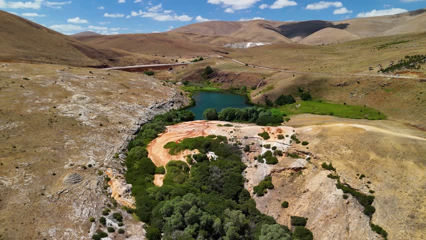 sulfurous water and the view of the lake from the air