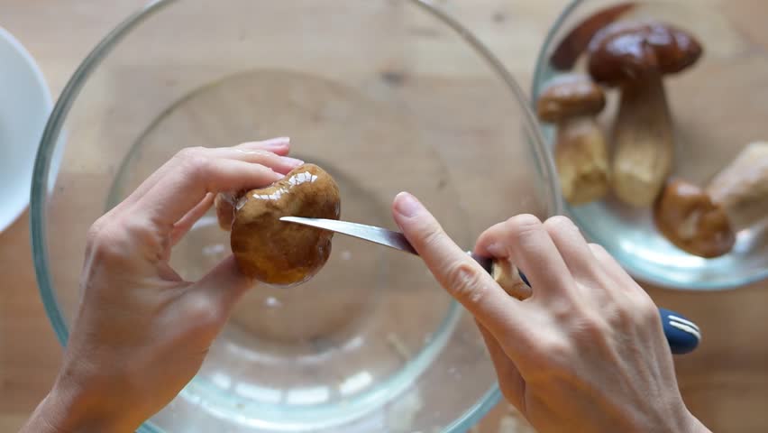 Chef is cleaning a fresh porcini mushroom with a knife over a bowl of water, preparing to cook delicious a meal video fullhd