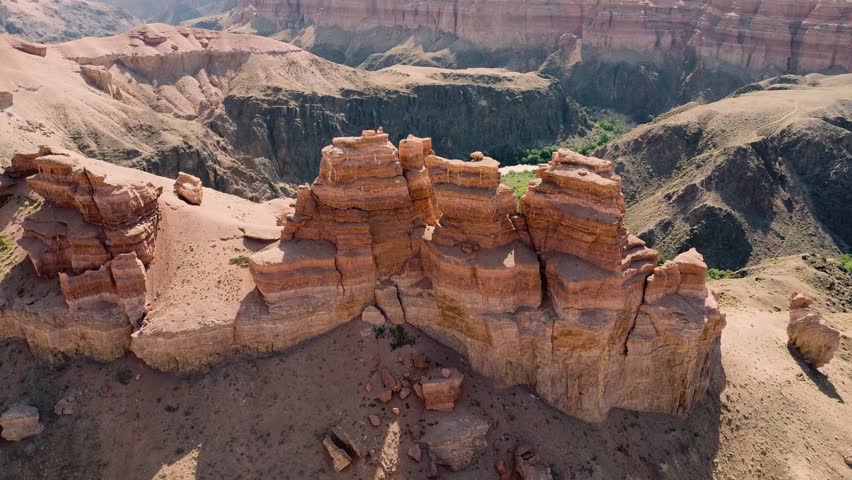 Breathtaking view of Charyn Canyon in Kazakhstan, showcasing layered sandstone formations and a meandering river