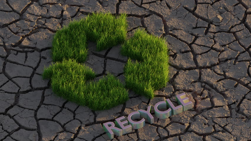 3D rendering of a recycle logo made of fresh green grass on cracked dry soil, symbolizing environmental conservation, sustainability, recycling, and solutions for climate change and drought.