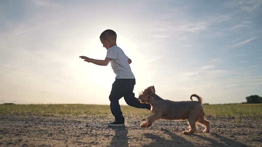 Boy running dog and puppy across dirt field. Boy and child laughing under sun sky. Dog running fast, puppy running free. Field bright, dirt warm, sun high, sky wide, freedom felt in every running step