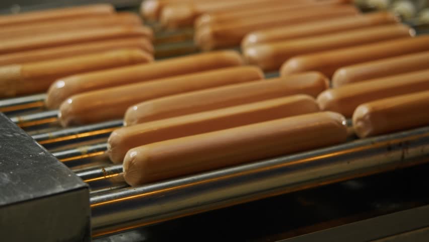 Hot dogs placed on rotating rods cooking on commercial roller grill. Close up