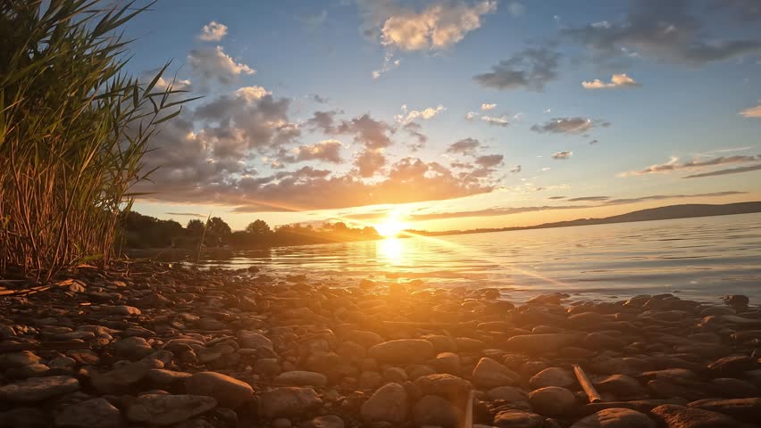 Beautiful sunset over a calm lake in real time. Orange sky and golden hour colors reflecting on water. Peaceful natural scenery.