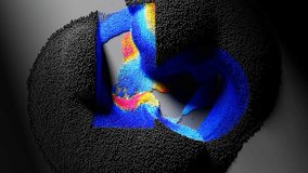 3d render of abstract art video animation with small balls spheres particles in the motion process in dark grey color with colorful yellow blue parts on grey background surface - Powered by Shutterstock - Get 15% off with code: PIKWIZARD15