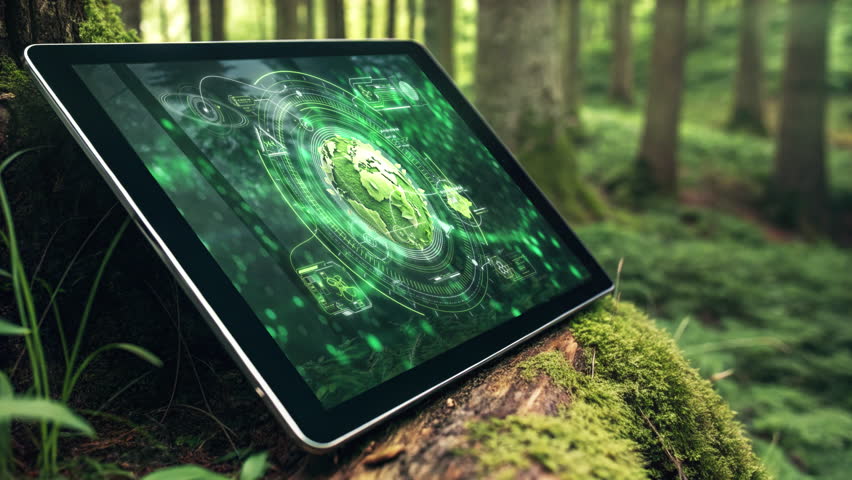 Futuristic tablet showing rotating green earth and human body in forest setting