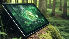 Futuristic tablet showing rotating green earth and human body in forest setting - Powered by Shutterstock - Get 15% off with code: PIKWIZARD15