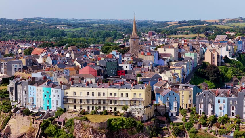 Aerial drone 4k footage of Tenby bay based in south wales uk, stunning sea landscape view from above