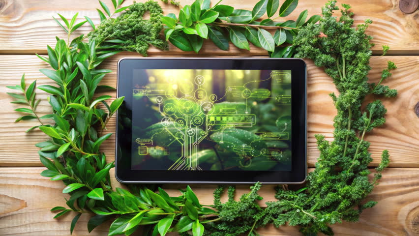 Green leaves frame a tablet with a sustainable development goals interface