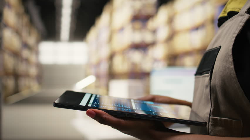 Close up of distribution hub worker overseeing supply chain process for e-commerce. Reviewing logistics and shipping data on tablet, updating tracking labels for order fulfillment. Camera A.