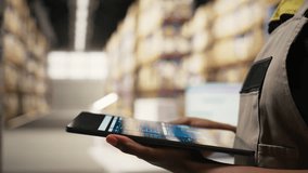 Close up of distribution hub worker overseeing supply chain process for e-commerce. Reviewing logistics and shipping data on tablet, updating tracking labels for order fulfillment. Camera A. - Powered by Shutterstock - Get 15% off with code: PIKWIZARD15