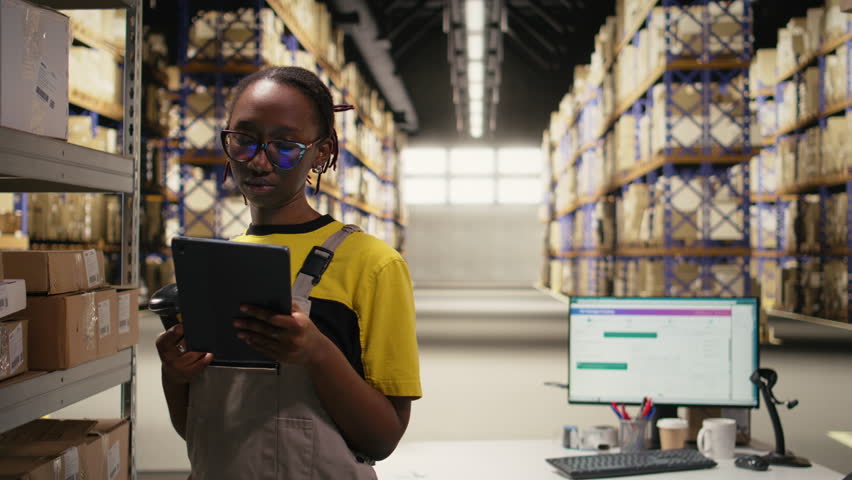 Employee using barcode scanner on cardboard boxes in fulfillment center. Organized shelving, package labels and route planning support efficient distribution and shipment. Logistics hub. Camera A.