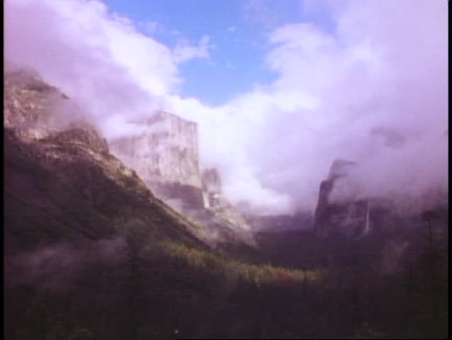 Yosemite National Park, California, misty, El Capitan and waterfall and Half Dome