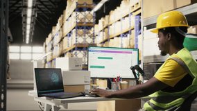 Black employee works with AI tools to enhance package tracking efficiency, using machine learning and parcel tracking info to ensure seamless distribution operations in warehouse. Camera A. - Powered by Shutterstock - Get 15% off with code: PIKWIZARD15