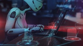 Robot engineer working on laptop with holographic projections - Powered by Shutterstock - Get 15% off with code: PIKWIZARD15