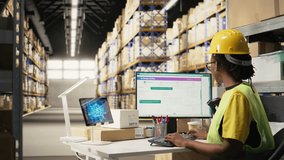 Black warehouse worker managing inventory logistics with AI virtual assistant to help updating shipping labels for accurate delivery and order processing. Online shopping retail activity. Camera A. - Powered by Shutterstock - Get 15% off with code: PIKWIZARD15