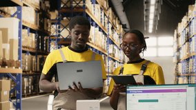 Black team members handling package data on laptop for order processing in logistics hub, verifying pallets shipping labels for distribution protocols. Efficient e-commerce warehouse. Camera B. - Powered by Shutterstock - Get 15% off with code: PIKWIZARD15