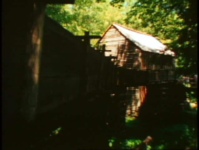 Great Smoky Mountains National Park, mill house and waterwheel, wide shot