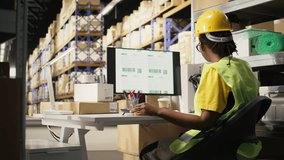 Black female with hi vis vest registering awb tracking info with scanner, oversees express delivery service for cargo orders. Scanning shipment details on labels, monitoring pc software. Camera A. - Powered by Shutterstock - Get 15% off with code: PIKWIZARD15