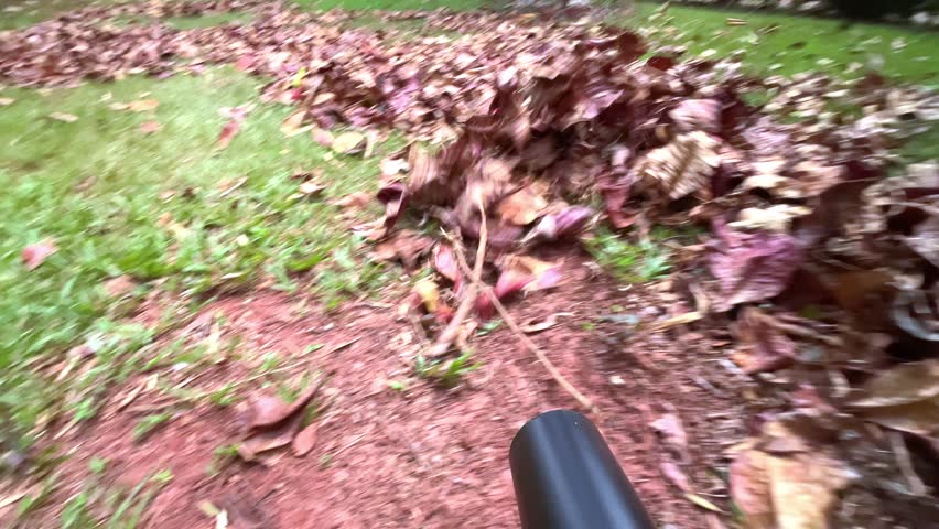 Point of view (POV) clip of using a leaf blower in a suburban backyard on a sunny day.