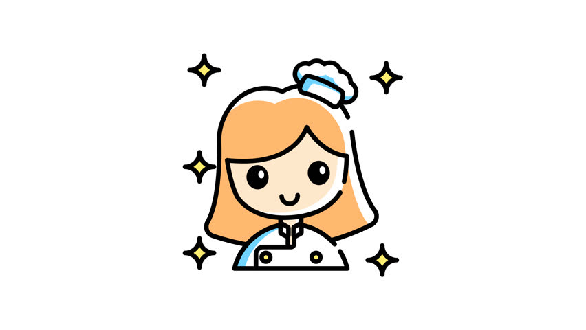 animation of Woman chef icon symbolizes culinary expertise with fun sparkles in design. Suitable for food blogs, restaurant logos, or cooking websites.