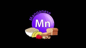 A purple manganese element icon smoothly transitions to reveal assorted manganese-rich foods on a black background, using simple, clear motion and bright colors - Powered by Shutterstock - Get 15% off with code: PIKWIZARD15