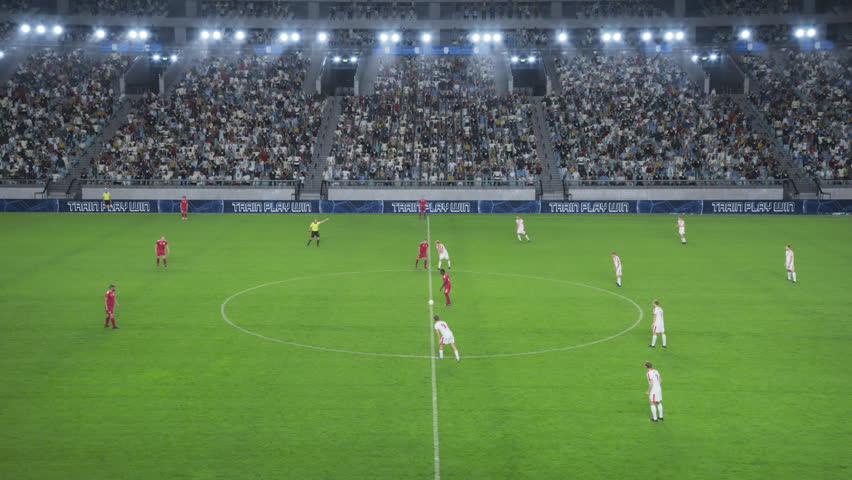 Soccer Football Championship: Red Team Forward Attacks, Scores a Winning Goal. Happy Players Celebrate Victory, Win Major League Cup. Sport Channel Live Television Broadcast. Playback for TV Screen