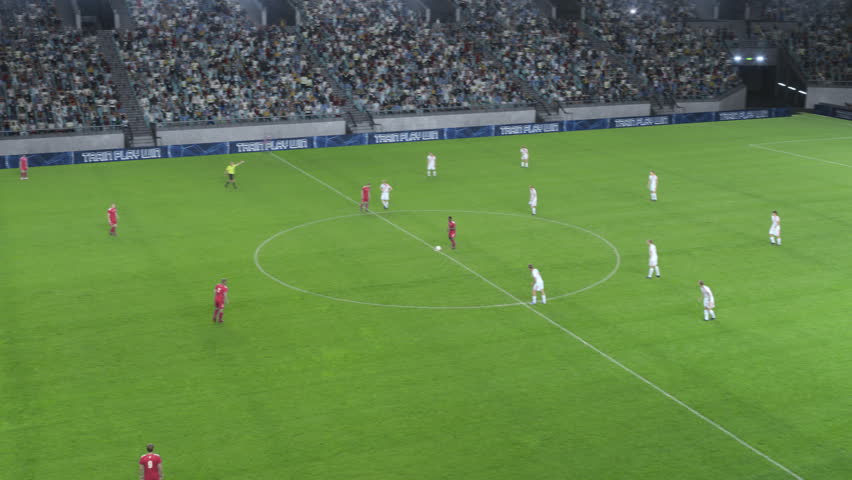 Soccer Football Championship Stadium with Crowd of Fans: Red Team Attacks, Scores Goal, Players Celebrate Tournament Victory. Sport Channel Broadcast Television Playback. High Angle Footage