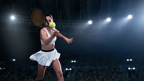 Super Slow Motion Footage of an Athletic Female Tennis Player Hitting a Ball Under Spotlights in a Dark Stadium with Spectators. Cinematic Shot Captures a Winning Strong Shot During a Match - Powered by Shutterstock - Get 15% off with code: PIKWIZARD15