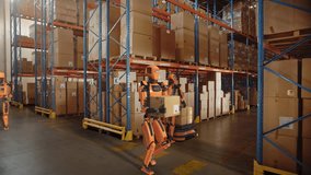 Modern Warehouse Facility with Advanced Humanoid Robots Handling Day to Day Operations in a Logistics Center. Artificial Intelligence Robots Transporting Parcels and Loading Shipping Pallets - Powered by Shutterstock - Get 15% off with code: PIKWIZARD15