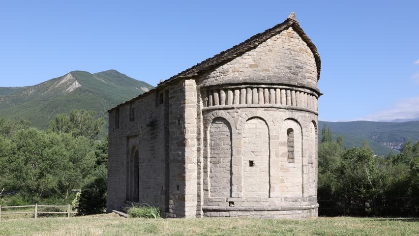 Church of San Juan de Busa in Serrablo Region. High quality 4k footage
