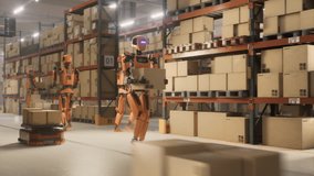 Robotic Worker Walking with a Cardboard Box Inside a Warehouse in a Smart Factory. Humanoid Robot Working in a Logistics Center, Performing Human Tasks with the Help of Artificial Intelligence - Powered by Shutterstock - Get 15% off with code: PIKWIZARD15