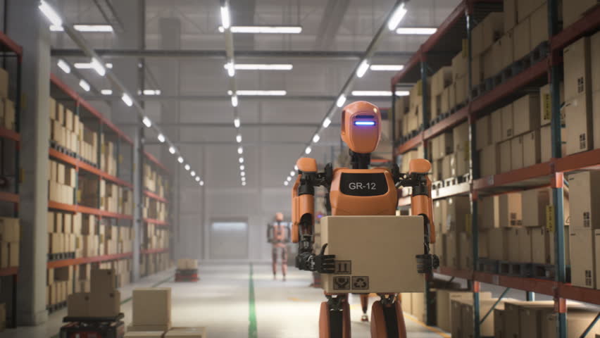Advanced Humanoid Robots Handling Day to Day Operations in a Logistics Center. Artificial Intelligence Robots Transporting Parcels and Loading Shipping Pallets in a Modern Warehouse Facility