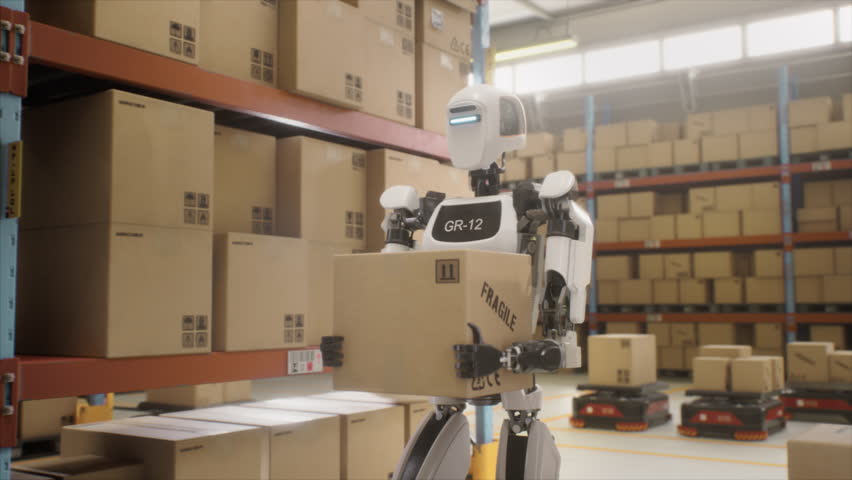 Futuristic Humanoid Robot Transports a Cardboard Package in a Distribution Center with Stacked Automated Pallets and Shelves with Boxes. Advanced Warehouse with AI Robotics. Arc Footage
