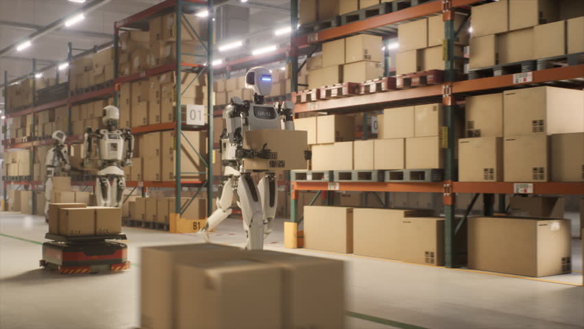 Robotic Worker Walking with a Cardboard Box Inside a Warehouse in a Smart Factory. Humanoid Robot Working in a Logistics Center, Performing Human Tasks with the Help of Artificial Intelligence