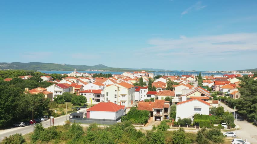 Drone aerial view of town of Biograd na Moru, popular tourist summer destination in Dalmatia region of Croatia
