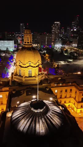 Night video downtown with city lights. Drone video Edmonton Canada.