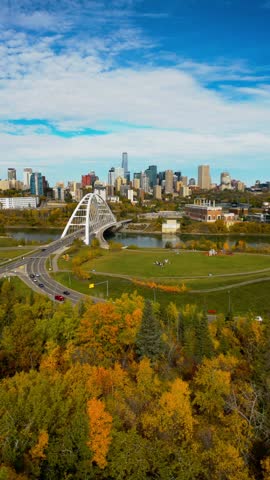 Central bridge over the river in the fall season. Downtown Edmonton Canada
