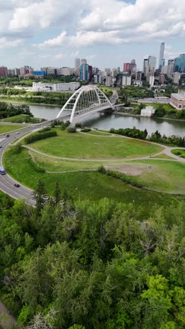 Central bridge over the river in the summer season. Downtown Edmonton Canada.