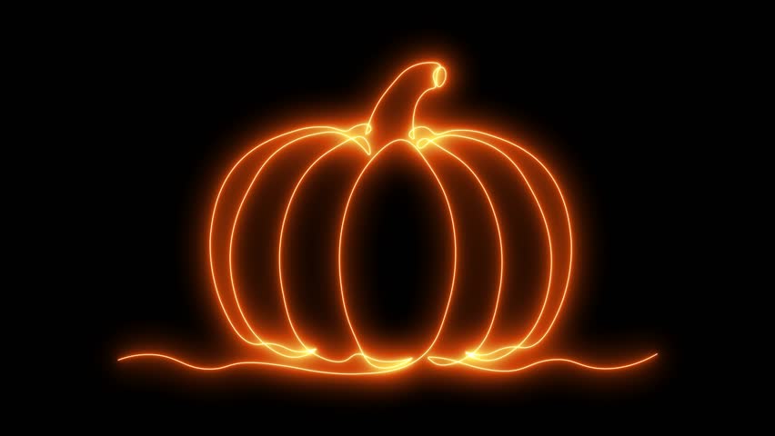 abstract pumpkin, autumn harvest,Halloween. Self drawing animation one continuous line draw, logo. on black background. neon orange luminous sign