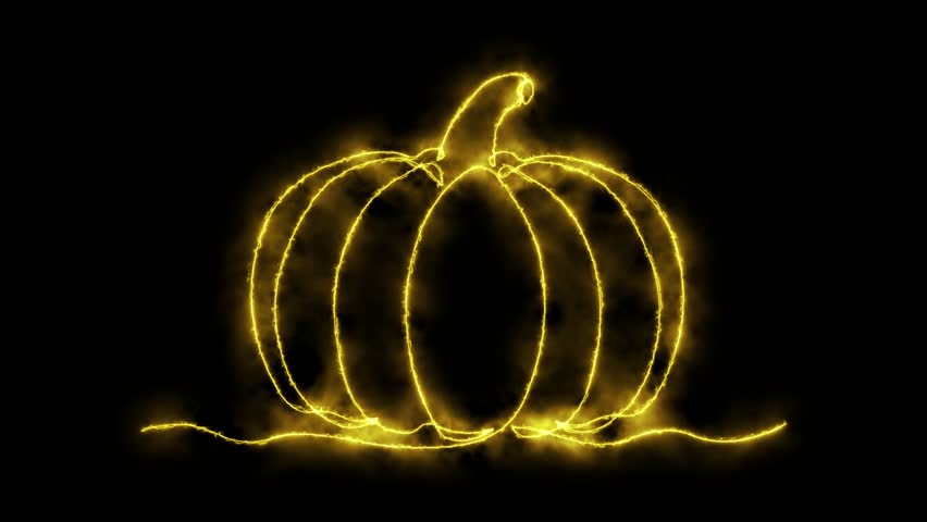 abstract pumpkin, autumn harvest,Halloween. Self drawing animation one continuous line draw, logo. on black background. neon yellow luminous sign