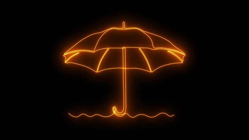 Abstract open umbrella, Self drawing animation one continuous line draw, logo on black background. neon orange luminous sign