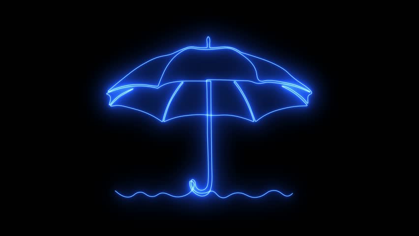 Abstract open umbrella, Self drawing animation one continuous line draw, logo on black background. 
Blazing  blue flame, energy