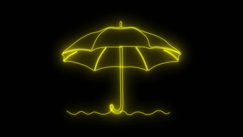 Abstract open umbrella, Self drawing animation one continuous line draw, logo on black background. neon yellow luminous sign