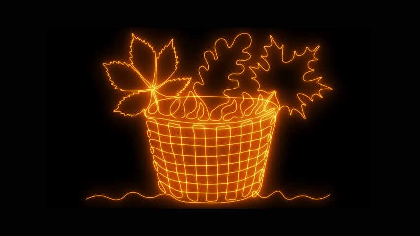 Abstract wicker basket with autumn leaves. Self drawing animation one continuous line draw, logo on black background. neon orange luminous sign