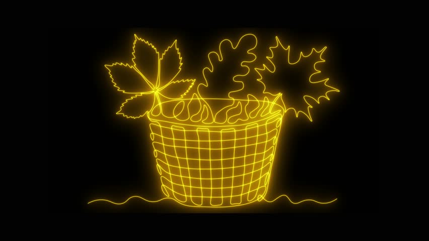 Abstract wicker basket with autumn leaves. Self drawing animation one continuous line draw, logo on black background. neon yellow luminous sign