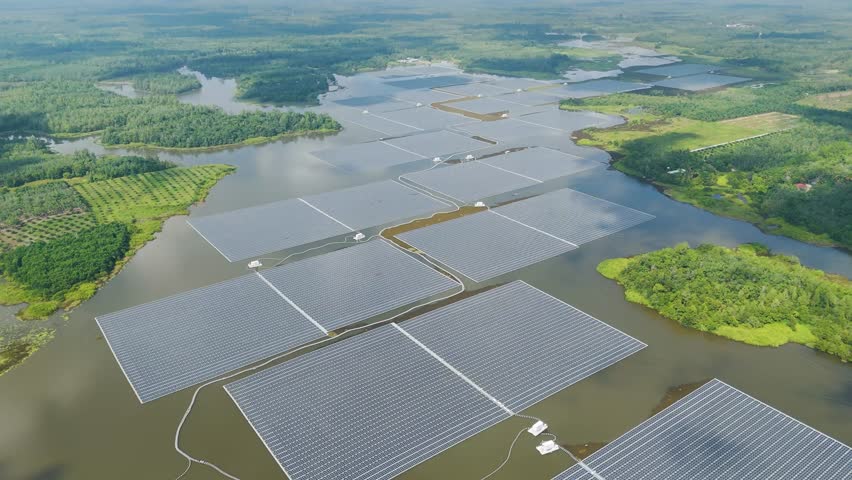 Wide drone shot of Danau Tok Uban, Kelantan, Malaysia, featuring the nation’s largest floating solar farm on a scenic lake surrounded by greenery and clouds.